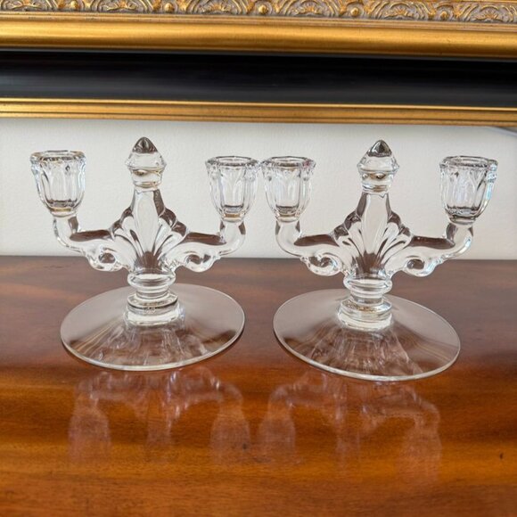 Heisey TridenCrystal Danish Clear Princess Pair Candlesticks 2 Lite Double Candl - Picture 2 of 12